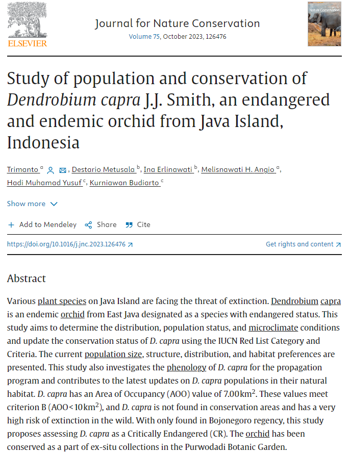 Study of population and conservation of Dendrobium capra J.J. Smith, an endangered and endemic orchid from Java Island, Indonesia